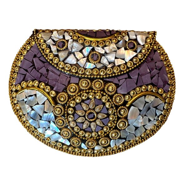 Handmade Ramla Mosaic Clutch Bag Purple & Silver With Removable Chain Strap - Picture 1 of 6